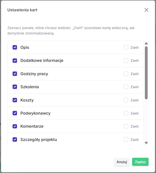Modal konfiguracji widoczności paneli karty projektu